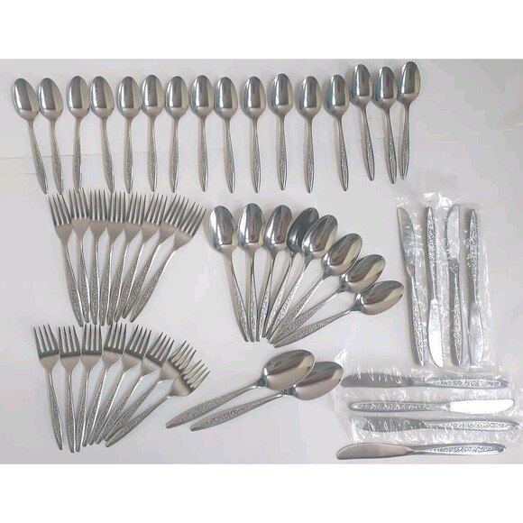 New Superior Stainless USA Radiant Rose 50 Peice Service For 8 + Serving Spoons - Picture 1 of 9